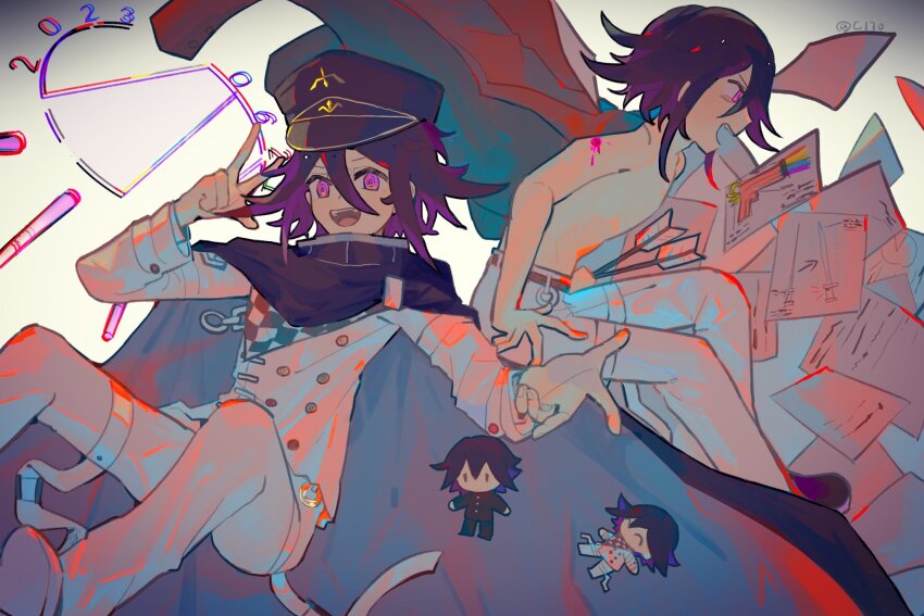 2boys :d arrow_(projectile) black_cape black_hair black_headwear blood blush buttons cape cha_c170 checkered_clothes checkered_scarf danganronpa_(series) danganronpa_v3:_killing_harmony double-breasted dual_persona grey_jacket grey_pants hand_up highres injury jacket long_sleeves medium_hair multicolored_cape multiple_boys oma_kokichi open_mouth pants paper pink_blood pink_eyes purple_hair scarf shoes smile teeth topless_male upper_teeth_only w white_background