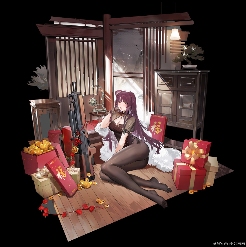 1girl absurdres black_background black_pantyhose bonsai brown_gloves bullpup cabinet china_dress chinese_clothes chinese_knot cleavage_cutout clothing_cutout dress feather_boa gift girls&#039;_frontline gloves gun highres incredibly_absurdres makiatto_(embroidered_bamboo_blooming_shadows)_(girls&#039;_frontline_2) makiatto_(girls&#039;_frontline_2) official_art on_floor pantyhose purple_hair red_eyes rifle sniper_rifle solo wa2000_(ballroom_interlude)_(girls&#039;_frontline) wa2000_(girls&#039;_frontline) walther walther_wa_2000 watermark weapon weibo_username weibo_watermark wooden_floor yoyo_(550098)