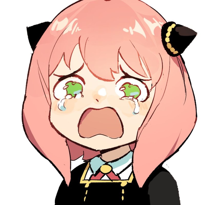 1girl among_us among_us_eyes_(meme) anya_(spy_x_family) blush child commentary crying crying_with_eyes_open eden_academy_school_uniform green_eyes hairpods horn_ornament horns medium_hair meme neck_ribbon nycnouu open_mouth pink_hair red_ribbon ribbon school_uniform simple_background solo spy_x_family tears upper_body white_background