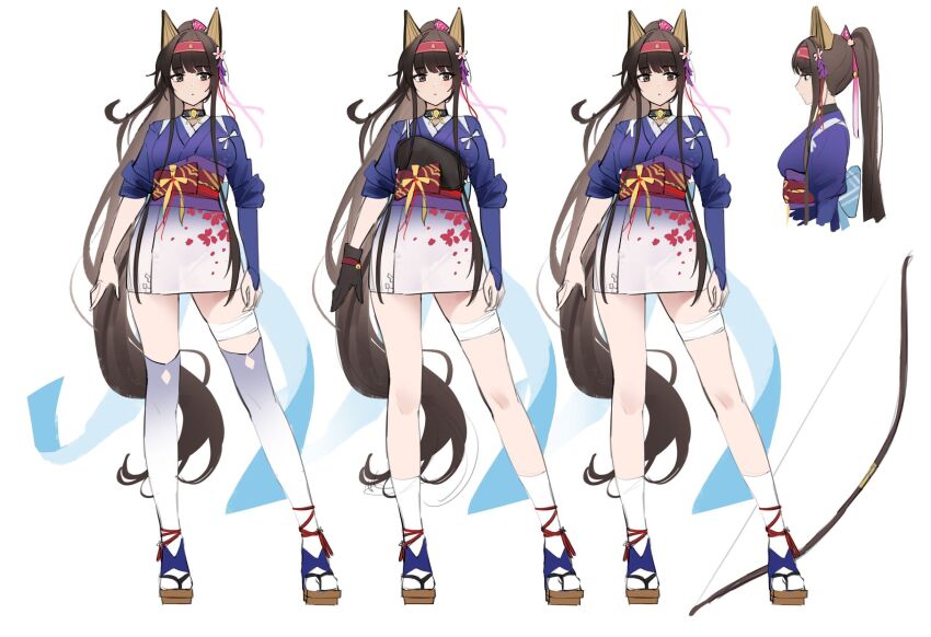 1girl akagi_(warship_girls_r) alternate_costume alternate_hairstyle animal_ears arms_at_sides asymmetrical_legwear bandaged_leg bandages bell black_gloves blood blue_kimono blunt_bangs bow_(weapon) brown_hair reference_sheet chichengde_haotidu_afusang closed_mouth flower full_body geta gloves gradient_clothes gradient_kimono hair_flower hair_ornament hair_ribbon high_ponytail highres holding holding_bow_(weapon) holding_weapon japanese_clothes kimono long_hair looking_at_viewer multiple_views obi partially_fingerless_gloves ponytail ribbon sandals sash sidelocks simple_background single_glove single_thighhigh skirt smile socks standing tabi tasuki thighhighs very_long_hair warship_girls_r weapon white_background