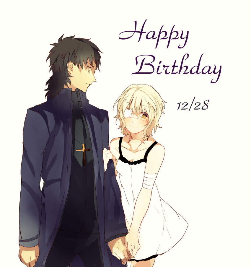 absurdres bad_id bad_pixiv_id brown_eyes brown_hair claudia_hortensia couple eyepatch fate/stay_night fate/zero fate_(series) hetero highres husband_and_wife kotomine_kirei kuriiro_benishi wavy_hair white_hair yellow_eyes