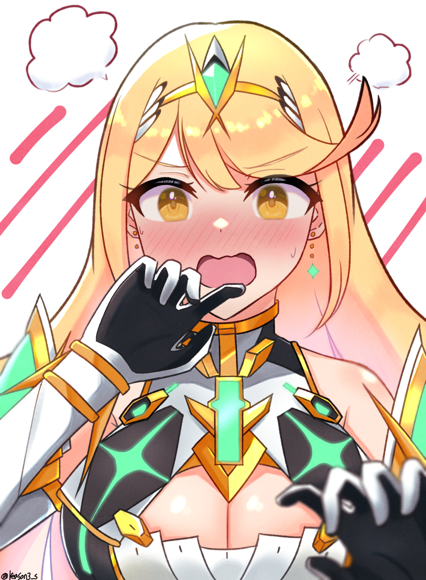 1girl absurdres bare_shoulders blonde_hair breasts chest_jewel cleavage cleavage_cutout clothing_cutout dress earrings elbow_gloves gem gloves headpiece highres jewelry large_breasts long_hair mythra_(xenoblade) reason3_s short_dress solo swept_bangs tiara very_long_hair white_dress white_gloves xenoblade_chronicles_(series) xenoblade_chronicles_2 yellow_eyes