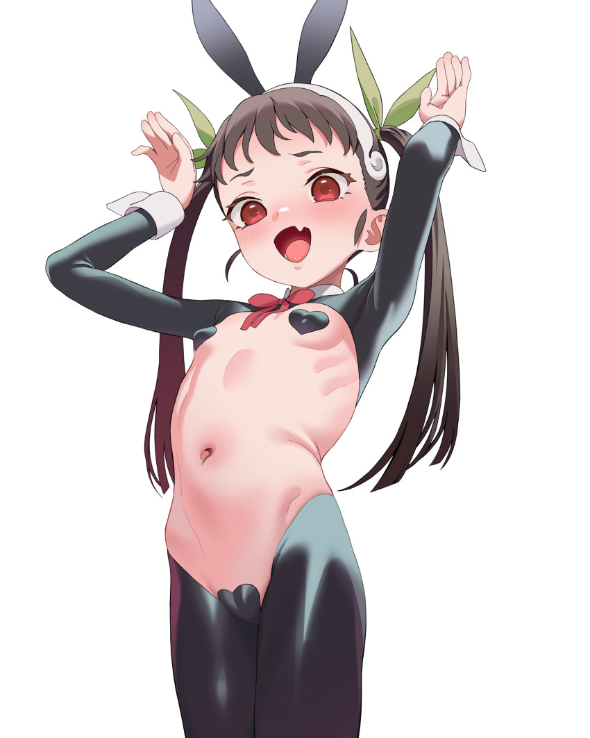 1girl absurdres bakemonogatari blush cowboy_shot hachikuji_mayoi happy heart_pasties highres legs loli long_hair monogatari_(series) navel pasties playboy_bunny reverse_bunnysuit reverse_outfit simple_background solo standing thighs twintails white_background yan.c