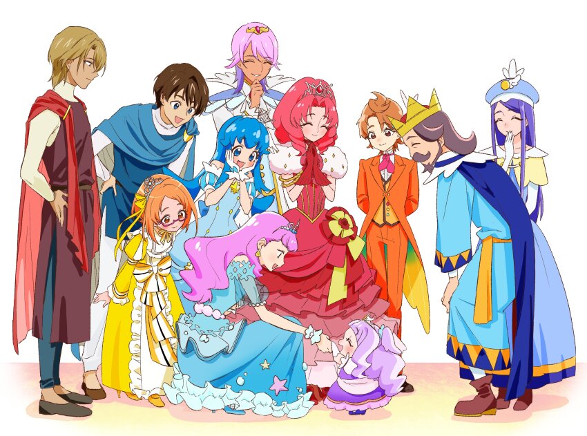 5boys 6+girls akagi_towa baby blonde_hair blue_eyes blue_hair brown_hair closed_eyes closed_mouth crown dark_skin dress earrings ellee-chan flats frilled_dress frills glasses gloves go!_princess_precure hands_on_own_face happinesscharge_precure! highres hirogaru_sky!_precure in-franchise_crossover jewelry king kokoda_kouji konsuke0 laura_la_mer long_dress long_hair long_sleeves looking_at_another multiple_boys multiple_girls natsu_(yes!_precure_5) official_alternate_costume open_mouth orange_hair pink_hair precure precure_all_stars prince prince_kanata princess purple_hair queen red_hair see-through_clothes shirabe_ako shirayuki_hime short_hair suite_precure teeth tropical-rouge!_precure tuxedo white_gloves wing_hairpin yes!_precure_5 yes!_precure_5_gogo! yuunagi_tsubasa