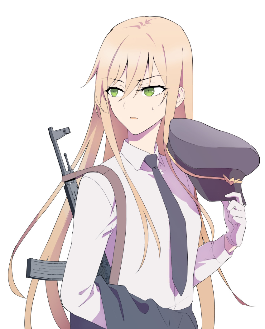 1girl assault_rifle blonde_hair female_focus girls&#039;_frontline gloves green_eyes gun hat highres jacket long_hair looking_away military military_hat military_uniform open_mouth over_shoulder rifle shirt solo stg44 stg44_(girls&#039;_frontline) suprii unworn_jacket weapon weapon_over_shoulder white_background white_gloves white_shirt