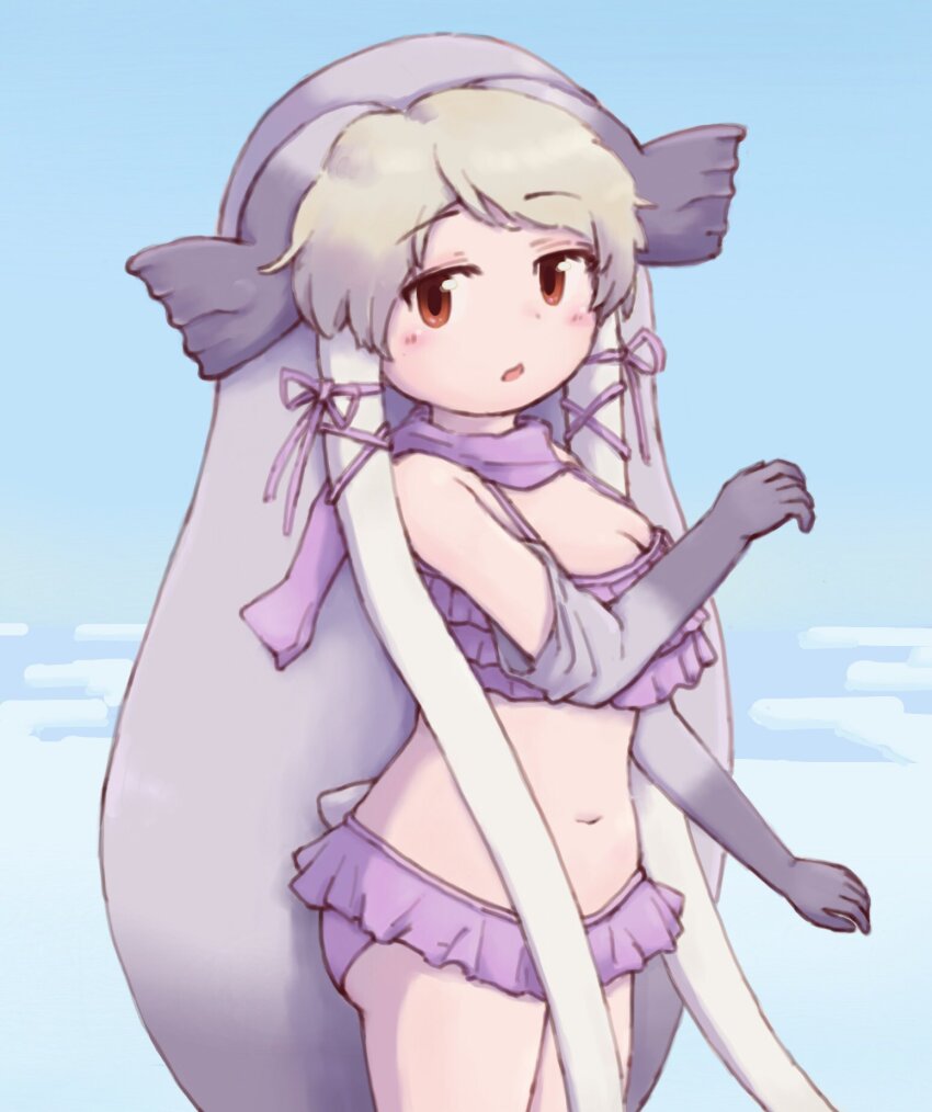 1girl bikini blue_background elbow_gloves fins gloves grey_gloves grey_hair head_fins highres kemono_friends long_hair looking_at_viewer navel purple_ribbon red_eyes ribbon scarf simple_background solo swimsuit tail walrus_(kemono_friends) zzz_ansh
