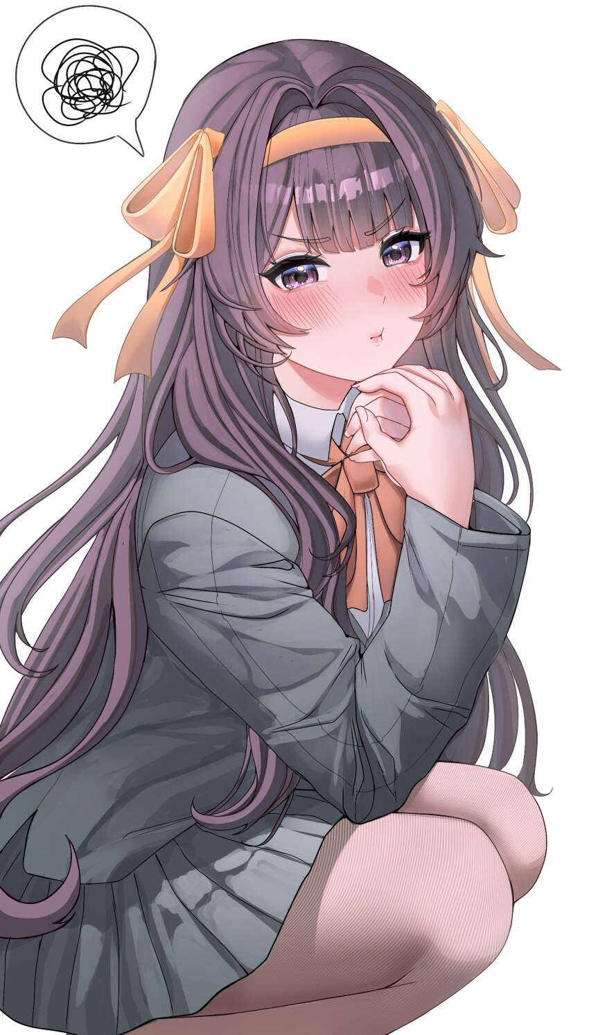 1girl absurdres black_skirt blazer blush bow bowtie brown_eyes brown_hair commentary english_commentary hair_intakes hair_ribbon hairband highres ibbychan jacket kouyouen_academy_school_uniform long_hair long_sleeves official_alternate_costume official_alternate_hair_length official_alternate_hairstyle orange_bow orange_bowtie ribbon school_uniform shirt simple_background skirt solo spoken_squiggle squatting squiggle suzumiya_haruhi suzumiya_haruhi_no_shoushitsu suzumiya_haruhi_no_yuuutsu thighs white_background winter_uniform yellow_hairband yellow_ribbon