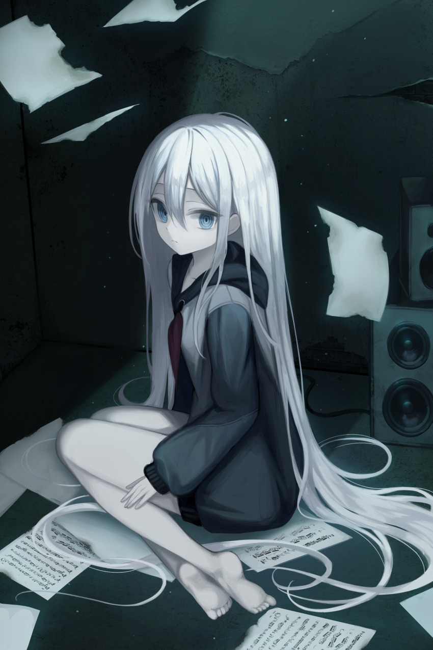 1girl absurdres barefoot black_sleeves blue_eyes cable closed_mouth double-parted_bangs full_body grey_hoodie hair_between_eyes highres hood hood_down hoodie indoors kkamkkam light_frown long_hair long_sleeves looking_at_viewer neckerchief paper project_sekai red_neckerchief ringed_eyes sheet_music sitting solo speaker torn_paper very_long_hair white_hair yoisaki_kanade yokozuwari