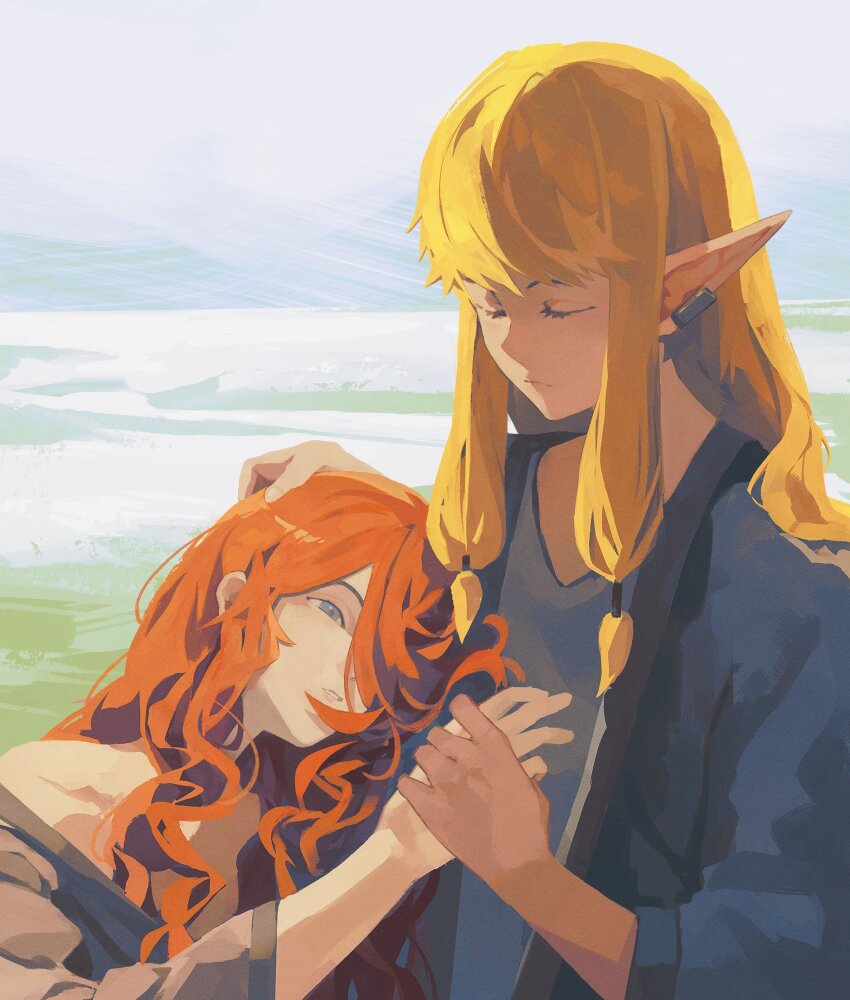 2girls blonde_hair blue_eyes closed_eyes closed_mouth elf flamme_(sousou_no_frieren) highres holding_hands long_hair multiple_girls pointy_ears red_hair sebu serie_(sousou_no_frieren) sousou_no_frieren upper_body