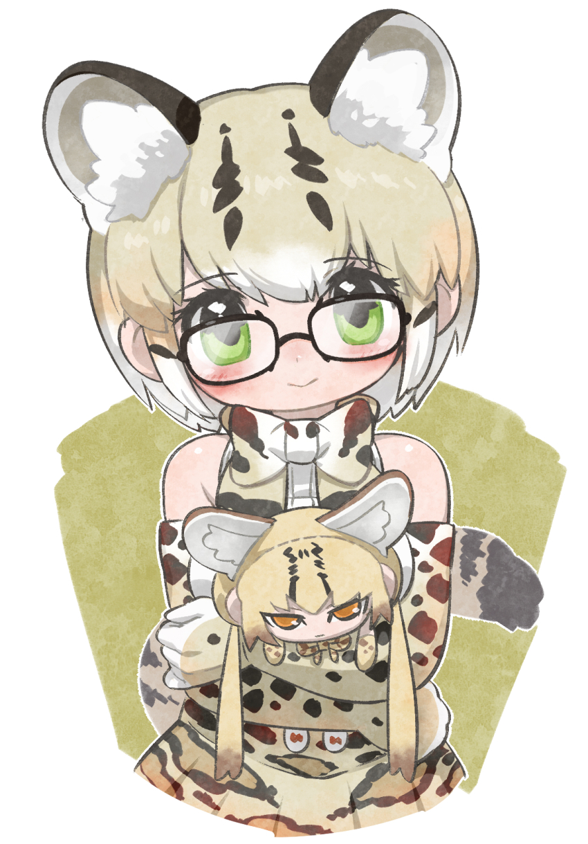 1girl animal_ears animal_print bare_shoulders blonde_hair blush bow bowtie brown_hair cat_ears cat_girl cat_tail character_doll doll elbow_gloves extra_ears glasses gloves green_eyes high-waist_skirt highres holding holding_doll kemono_friends kuro_(kurojill) margay_(kemono_friends) multicolored_hair ocelot_(kemono_friends) ocelot_print pleated_skirt print_bow print_bowtie print_gloves print_skirt short_hair skirt sleeveless tail twintails upper_body white_hair