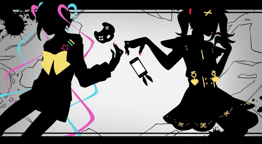 2girls ame-chan_(needy_girl_overdose) blue_hair blue_nails cellphone chouzetsusaikawa_tenshi-chan controller dual_persona evandragon game_controller hair_ornament highres long_hair monochrome multicolored_hair multicolored_nails multiple_girls nail_polish needy_girl_overdose noushou_sakuretsu_girl_(vocaloid) parody phone pin pink_hair pink_nails quad_tails red_nails silhouette skirt smartphone splatter spot_color twintails very_long_hair vocaloid x_hair_ornament yellow_nails