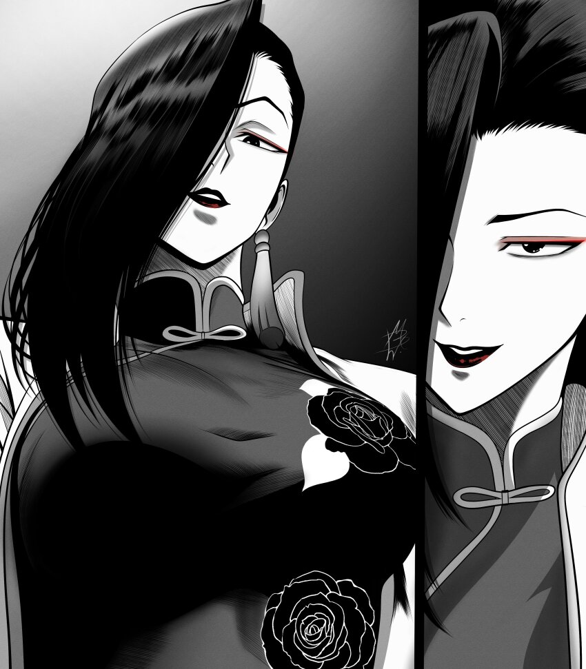 1girl black_lagoon breasts dress earrings eyeshadow hair_over_one_eye jewelry large_breasts makeup mostlybluewyatt shenhua smile