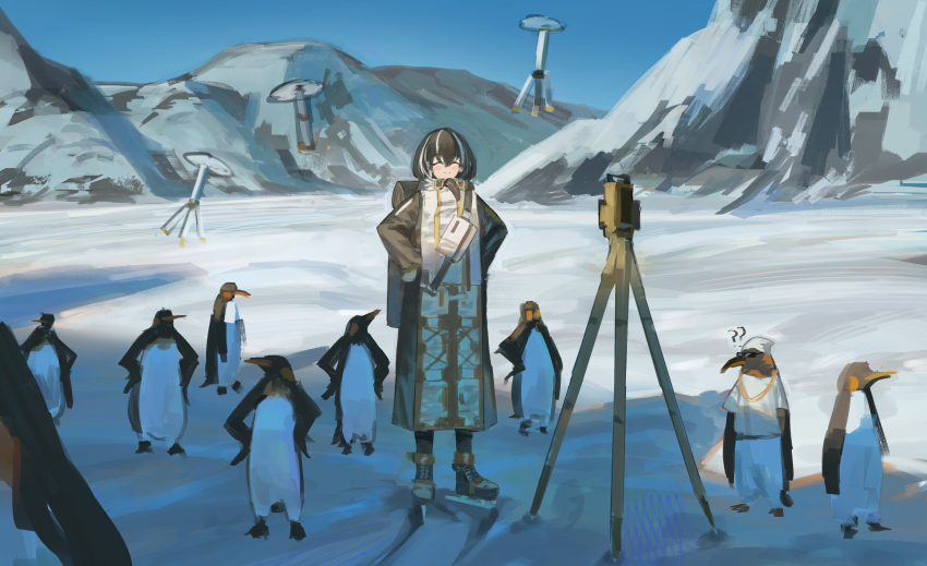 1girl ? ?? absurdres animal arknights backpack bag beanie bird black_bag black_coat black_hair blue_sky blue_streaks blush_stickers closed_eyes closed_mouth coat commentary drone emperor_(arknights) emperor_penguin fanny_pack full_body gloves gold_necklace hair_between_eyes hands_on_own_hips hat highres ice_skates jewelry long_sleeves lunifish magallan_(arknights) mask medium_hair multicolored_coat multicolored_hair necklace outdoors penguin shirt skates sky smile snow snowscape solo standing streaked_hair sunglasses symbol-only_commentary theodolite tripod two-tone_coat white_coat white_gloves white_hat white_shirt white_streaks winter_clothes winter_coat
