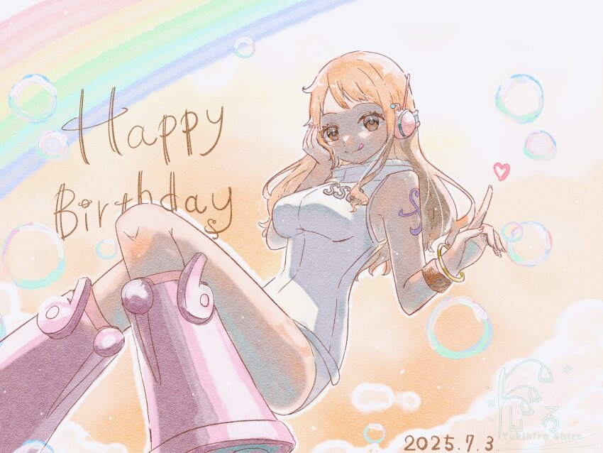 1girl 2025 :q bangle bare_shoulders birthday boots bracelet breasts brown_eyes bubble closed_mouth cloud dated foot_out_of_frame hand_on_own_cheek hand_on_own_face happy_birthday headphones heart highres jewelry leotard long_hair looking_at_viewer medium_breasts nami_(one_piece) nami_(one_piece)_(egghead) official_alternate_costume one_piece orange_hair pink_boots radio_antenna rainbow shoulder_tattoo sleeveless smile solo tattoo tongue tongue_out wavy_hair white_leotard yukihirashiro12