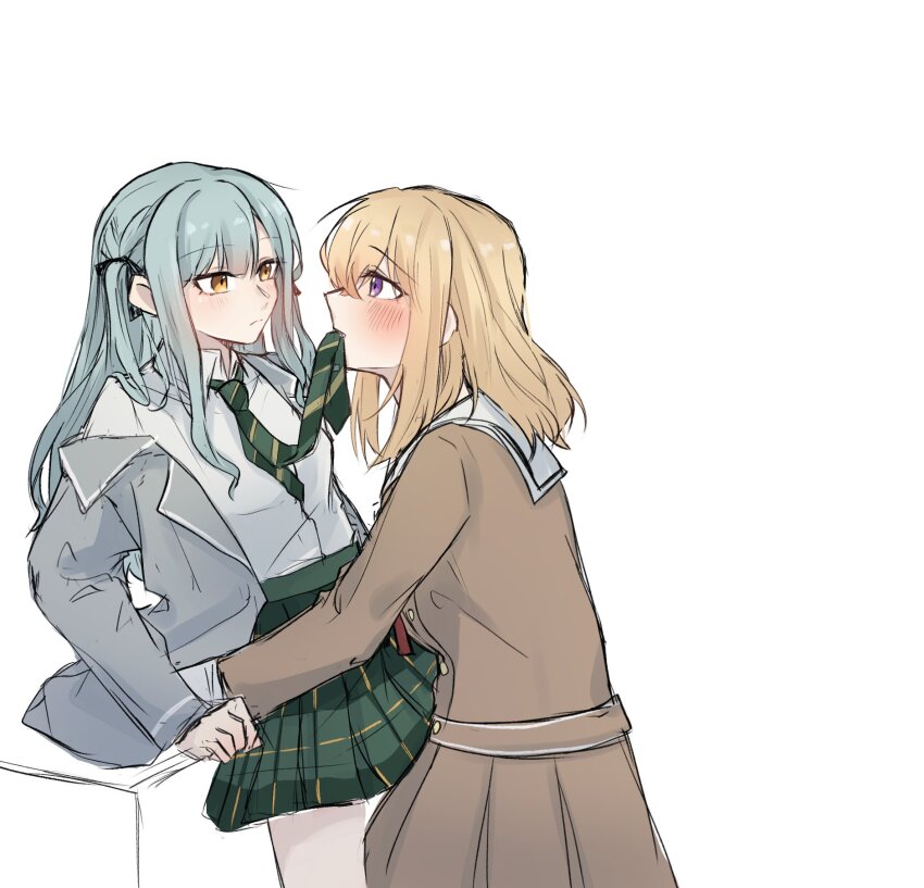 2girls bang_dream! bang_dream!_it&#039;s_mygo!!!!! black_ribbon blonde_hair blue_hair blush brown_dress collared_shirt dress green_necktie green_skirt grey_jacket hair_ribbon hanasakigawa_school_uniform haneoka_school_uniform highres jacket kaeru_(kaeee41917105) leg_between_thighs long_hair long_sleeves medium_hair misumi_uika mouth_hold multiple_girls necktie necktie_in_mouth plaid_clothes plaid_skirt pleated_skirt purple_eyes ribbon sailor_dress school_uniform shirt simple_background skirt togawa_sakiko two_side_up white_background white_shirt yuri