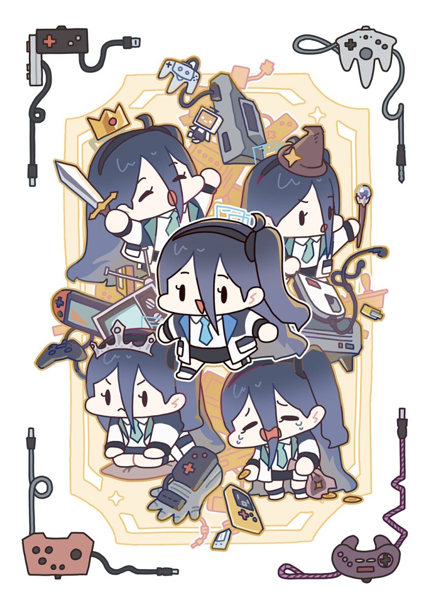 kei_(robot)_(blue_archive) 1girl absurdly_long_hair aris_(blue_archive) bag black_hair blue_archive chibi closed_mouth coin controller crown crt crying determined dualshock game_console game_controller gamecube gamepad halo highres holding holding_bag jacket long_hair mage_staff necktie nintendo_64 nintendo_64_controller nintendo_switch open_clothes open_jacket open_mouth playstation_controller pointy_hat power_glove_(nintendo) sechi_(sechihyeo) sega_mega_drive_controller side_ponytail sword television tiara triangle_mouth very_long_hair weapon