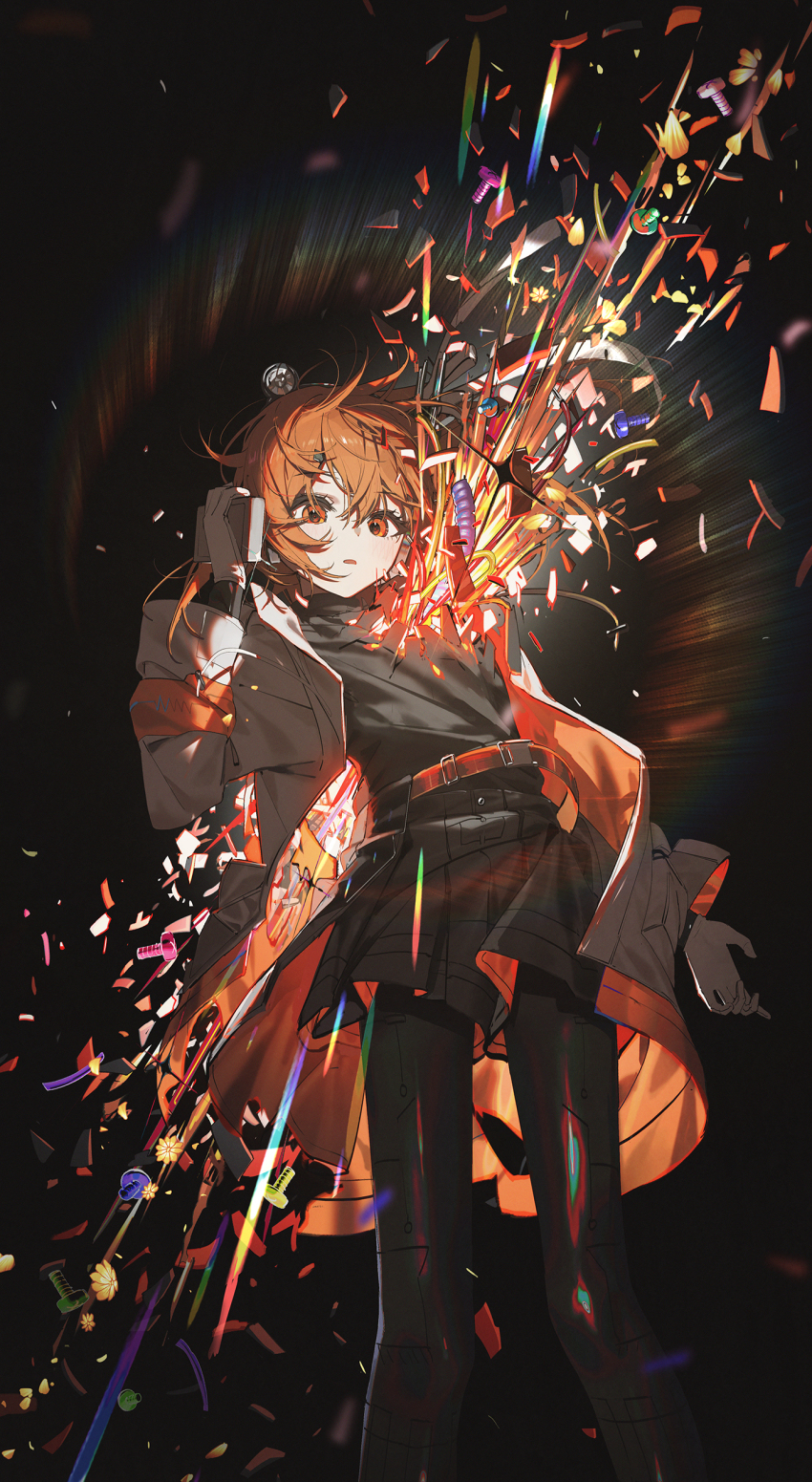 1girl a.i._voice absurdres adachi_rei black_pantyhose black_shirt black_skirt blush brown_eyes brown_hair bursting gloves highres holding jacket kieed long_hair looking_at_viewer open_mouth pantyhose revision screw shirt short_hair sidelocks skirt solo utau very_long_hair white_gloves white_jacket