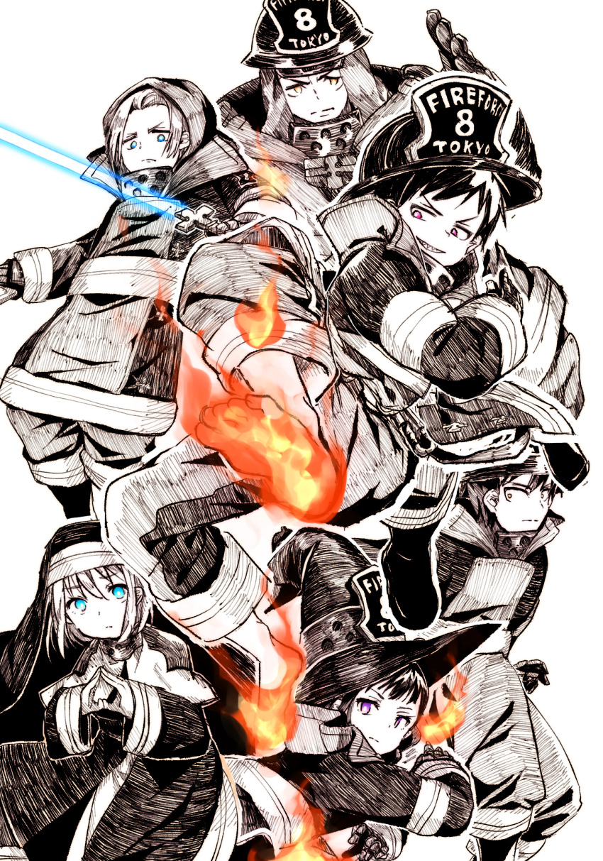 2019 1441214 2girls arthur_boyle barefoot black_hair blue_eyes closed_mouth en&#039;en_no_shouboutai finger_frame fire firefighter firefighter_jacket hat high_kick highres holding holding_sword holding_weapon hood iris_(en&#039;en_no_shouboutai) iris_(enen_no_shouboutai) jacket kicking lisa_isaribi maki_oze multiple_boys multiple_girls nun orange_eyes pink_eyes praying purple_eyes pyrokinesis sharp_teeth shinra_kusakabe smile sword teeth weapon witch_hat