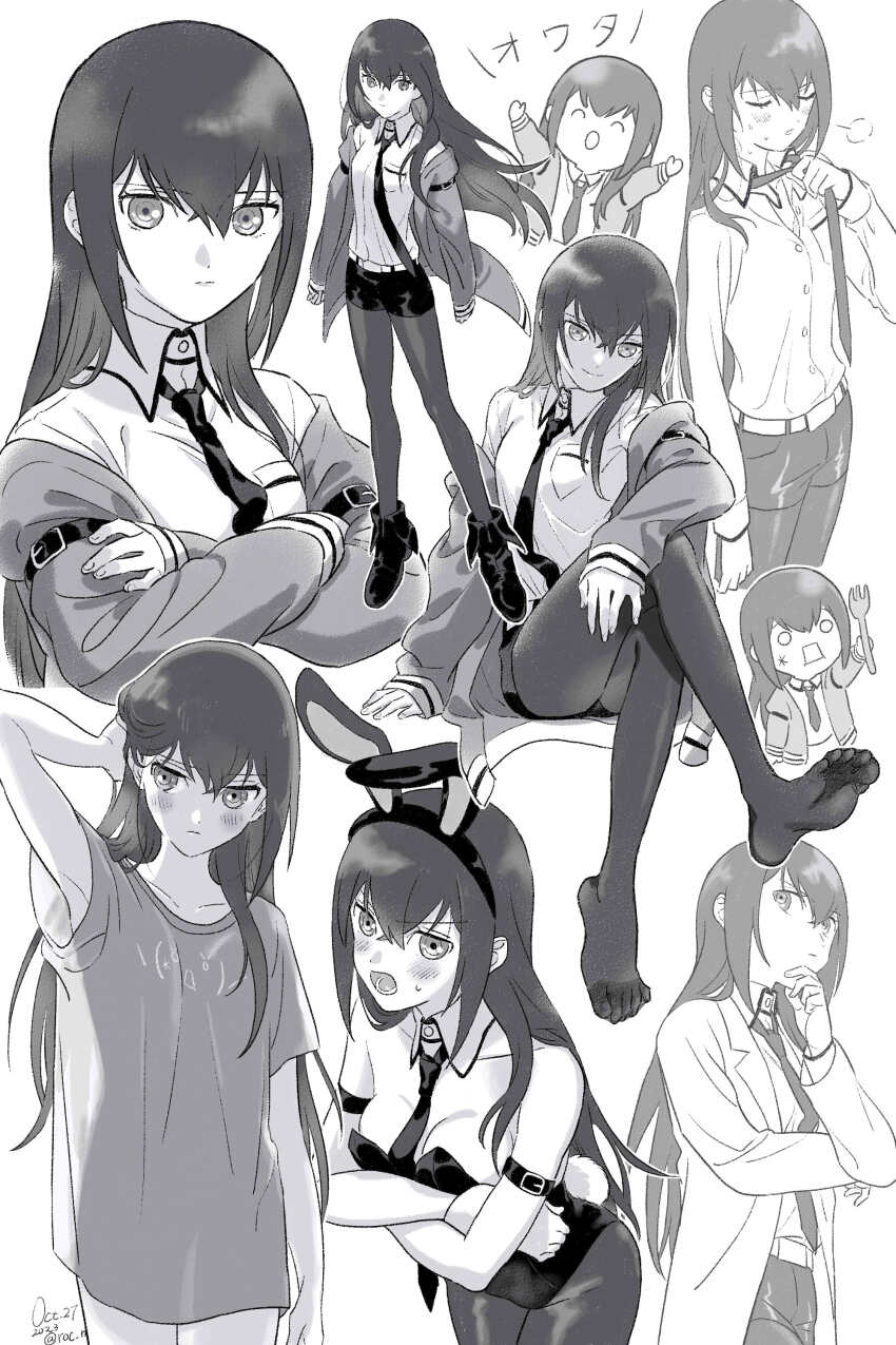 1girl absurdres animal_ears arm_up armpits breast_pocket breasts cleavage closed_mouth collarbone collared_shirt covering_breasts covering_privates dress_shirt fake_animal_ears fake_tail fork greyscale hachune_miku hairband hand_in_own_hair hatsune_miku highres jacket leotard long_hair long_sleeves looking_at_viewer makise_kurisu medium_breasts monochrome multiple_views naked_shirt necktie open_clothes open_jacket pantyhose pantyhose_under_shorts playboy_bunny pocket rabbit_ears rabbit_tail rocni shirt short_shorts shorts sitting smile standing steins;gate straight_hair strapless strapless_leotard tail wing_collar