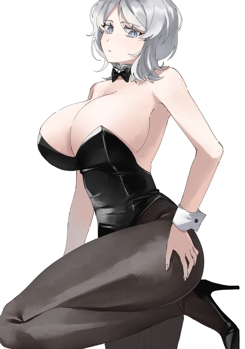 1girl black_leotard black_shoes blue_eyes breasts brown_pantyhose commentary cowboy_shot faust_(project_moon) high_heels highres kitaku_(ienikaeru) large_breasts leotard limbus_company looking_at_viewer pantyhose playboy_bunny project_moon shoes short_hair simple_background solo white_background white_hair