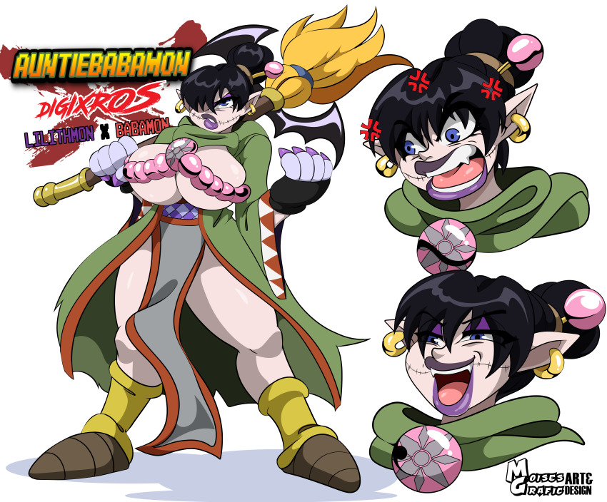 1girl absurdres babamon breasts digimon digimon_(creature) female_focus fusion highres large_breasts lilithmon old old_woman open_mouth original sharp_teeth solo teeth