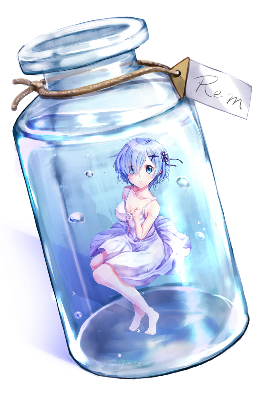 10s 1girl 2016 air_bubble artist_name artistic_error barefoot blue_eyes blue_hair bottle bubble collarbone dress female_focus full_body hair_over_one_eye hair_tie highres in_bottle in_container looking_at_viewer matching_hair/eyes mini_person minigirl parted_bangs parted_lips re:zero_kara_hajimeru_isekai_seikatsu rem_(re:zero) shadow short_hair solo underwater white_dress yuitsuki1206