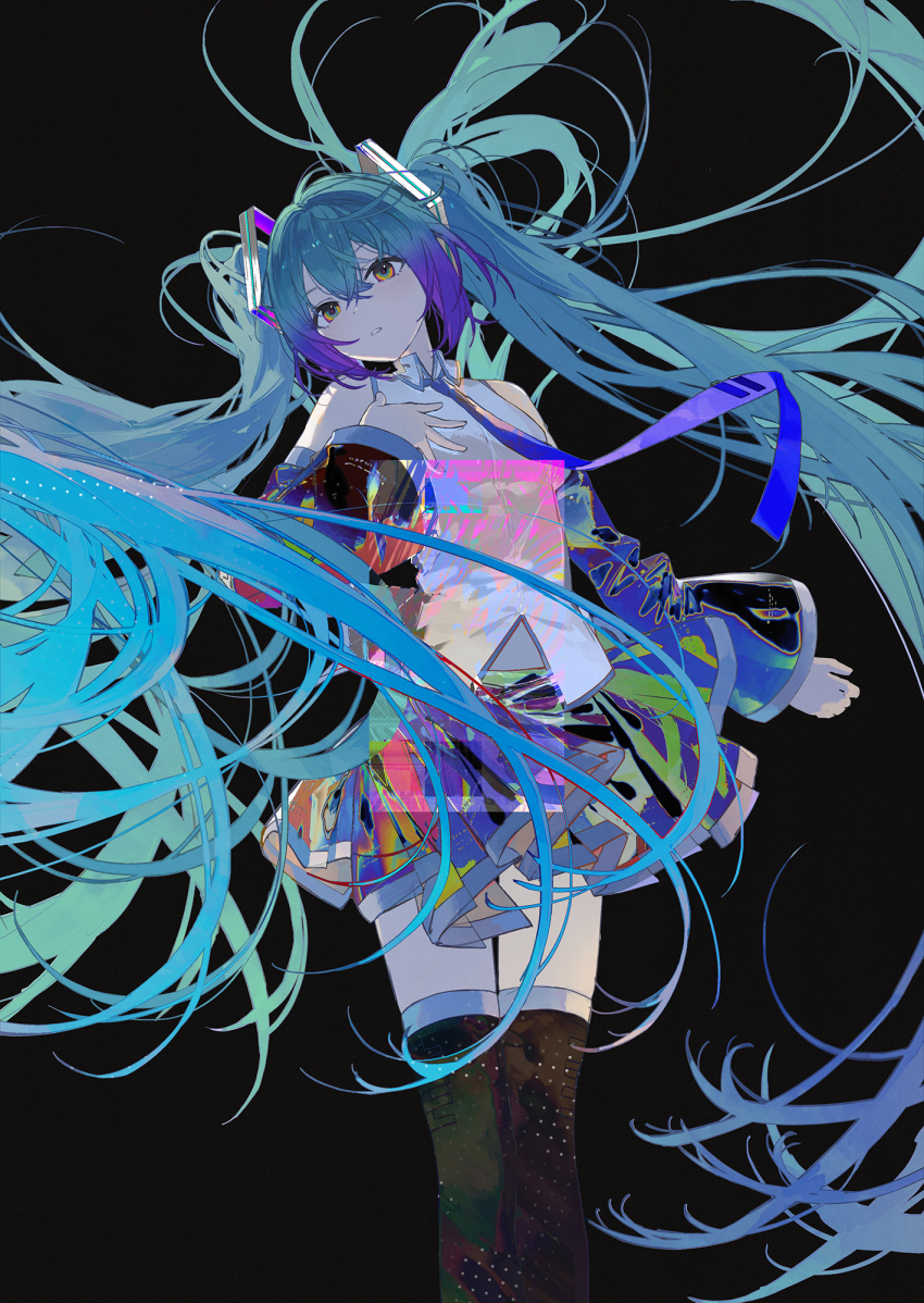 1girl aqua_hair black_background black_sleeves black_thighhighs blue_hair blue_necktie blue_theme chinese_commentary collared_shirt commentary_request detached_horns feet_out_of_frame film_grain gradient_hair hand_on_own_chest hatsune_miku highres kieed long_hair long_sleeves multicolored_eyes multicolored_hair necktie pale_skin pleated_skirt rainbow_eyes rainbow_skirt shirt skirt sleeveless sleeveless_shirt solo thighhighs very_long_hair vocaloid white_shirt