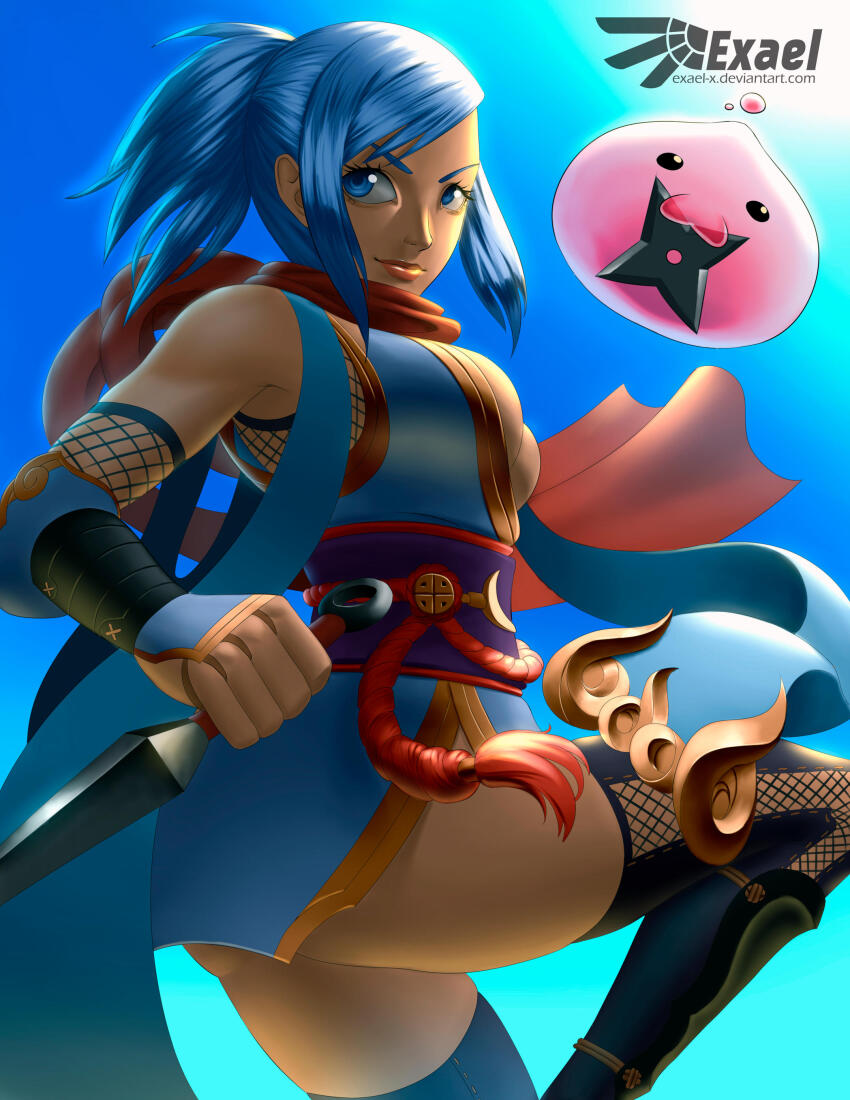 1girl absurdres black_thighhighs blue_background blue_dress blue_eyes blue_hair breasts closed_mouth commentary crescent dagger dress english_commentary exael feet_out_of_frame fishnet_thighhighs fishnets high_ponytail highres holding holding_dagger holding_knife holding_weapon knife kunai large_breasts medium_hair ninja ninja_(ragnarok_online) obi obijime ponytail poring purple_sash ragnarok_online reverse_grip sash short_dress shuriken sidelocks sleeveless sleeveless_dress slime_(creature) smile solo thighhighs vambraces weapon