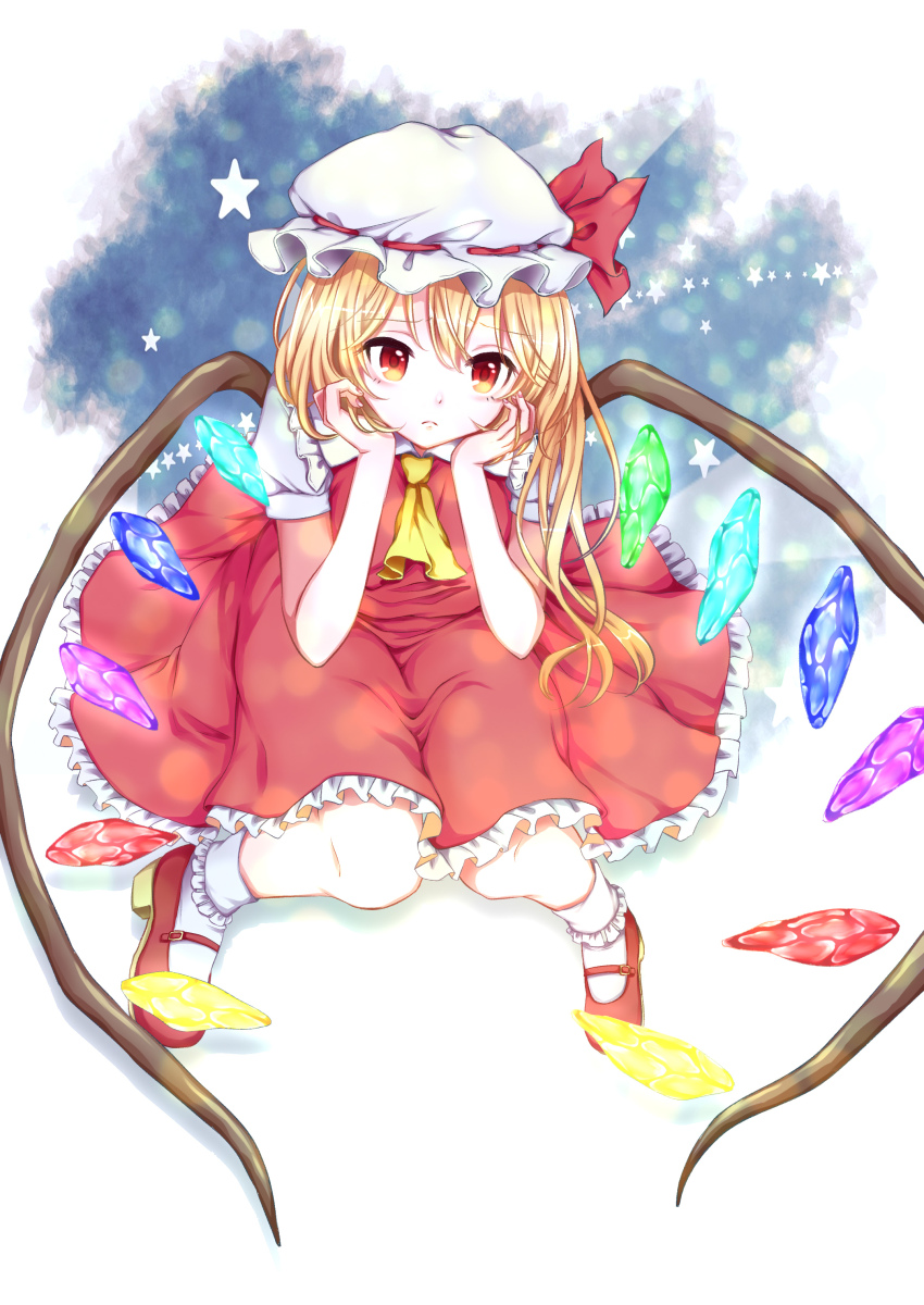 1girl absurdres ascot blonde_hair bobby_socks closed_mouth collared_shirt crystal flandre_scarlet frilled_shirt_collar frilled_skirt frills frown full_body glowing glowing_wings hair_between_eyes hands_on_own_cheeks hands_on_own_face hat hat_ribbon highres long_hair mary_janes mob_cap multicolored_wings one_side_up puffy_short_sleeves puffy_sleeves red_eyes red_ribbon red_shoes red_skirt red_vest ribbon ribbon-trimmed_headwear ribbon_trim rnkgmn shirt shoes short_sleeves simple_background skirt socks solo star_(symbol) touhou vest white_hat white_shirt white_socks wings yellow_ascot
