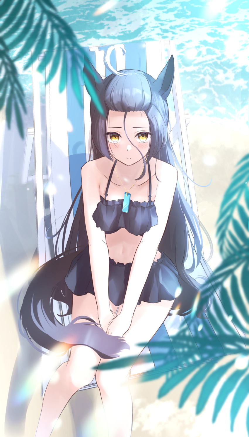 1girl absurdres air_bubble animal_ears beach bikini black_bikini black_hair breasts bubble chair feet_out_of_frame flower hair_between_eyes hair_flower hair_ornament highres horse_ears horse_girl l_kirschblute lens_flare lips long_hair looking_at_viewer manhattan_cafe_(the_bubbles_that_i_see_with_you)_(umamusume) manhattan_cafe_(umamusume) navel parted_lips small_breasts solo swimsuit umamusume water yellow_eyes