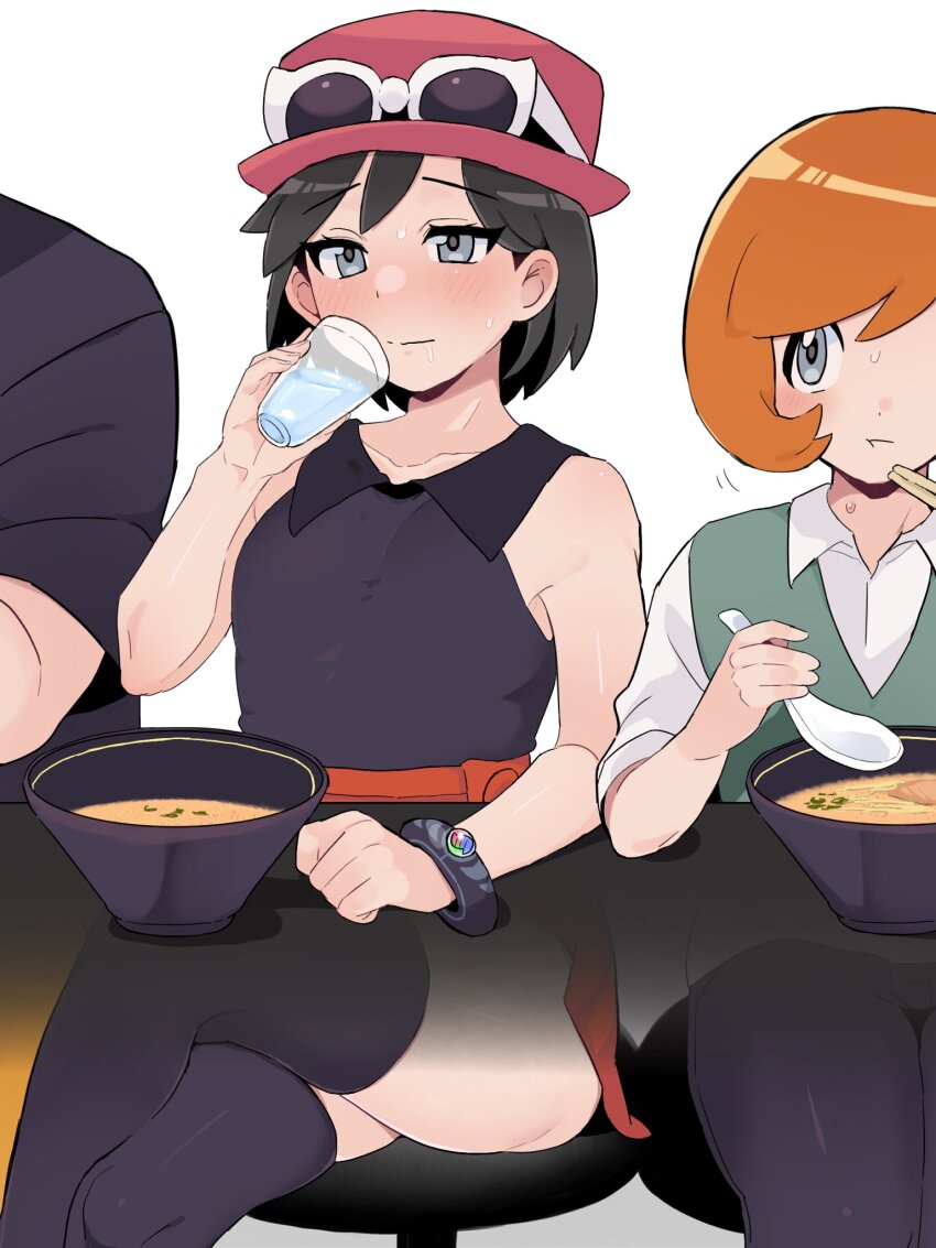 3boys blush bowl bracelet calem_(pokemon) chinese_spoon clenched_hand closed_mouth collared_shirt commentary_request cosplay crossdressing crossed_legs cup eyewear_on_headwear food hand_up hat highres holding holding_cup jewelry male_focus multiple_boys nintendo pokemon pokemon_xy sana_(37pisana) serena_(pokemon) serena_(pokemon)_(cosplay) shirt sitting skirt sleeveless sleeveless_shirt soup stool sunglasses sweat thighhighs tierno_(pokemon) trevor_(pokemon) water