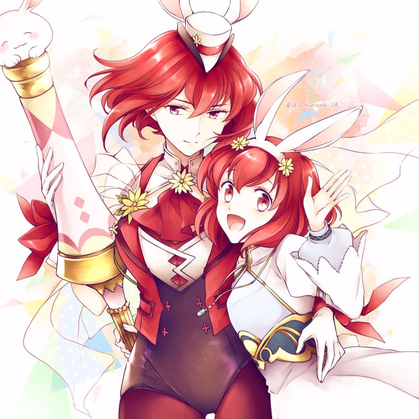 2girls :d animal_ears capelet closed_mouth cowboy_shot dress fake_animal_ears female_focus fire_emblem fire_emblem:_mystery_of_the_emblem fire_emblem_heroes flower gloves hair_flower hair_ornament hairband hat highres holding holding_weapon leotard long_hair maria_(fire_emblem) maria_(spring)_(fire_emblem) matching_hair/eyes medium_hair minerva_(fire_emblem) minerva_(spring)_(fire_emblem) mini_hat multiple_girls nintendo official_alternate_costume open_mouth polearm rabbit_ears red_eyes red_hair see-through_clothes shirokuroma_29 short_hair siblings sisters smile twitter_username weapon white_background white_dress white_gloves