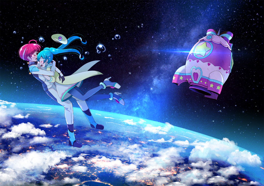 2girls a.i._(precure) aged_up ahoge antennae aqua_eyes aqua_hair astronaut beret closed_eyes cloud crying dress earth_(planet) floating floating_hair floating_hat hagoromo_lala hat head_on_chest heart heart_print high_heels hoshina_hikaru hug juugoya_neko lens_flare long_hair milky_way multicolored_hair multiple_girls official_alternate_hair_length official_alternate_hairstyle open_mouth orbit pantyhose pink_hair planet pointy_ears precure short_hair sky space spacecraft spacesuit star_(sky) star_(symbol) star_print star_twinkle_precure starry_sky streaked_hair tears twintails zero_gravity