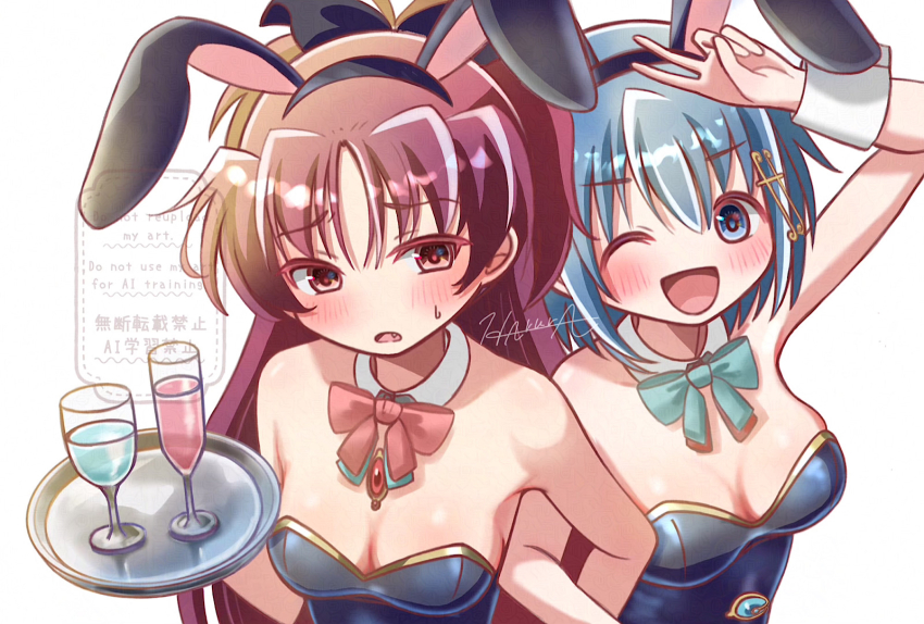 2girls animal_ears blue_bow blue_bowtie blue_eyes blue_hair blue_leotard bow bowtie breasts brown_hair detached_collar fake_animal_ears fang highres leotard locked_arms long_hair looking_at_viewer mahou_shoujo_madoka_magica miki_sayaka multiple_girls one_eye_closed playboy_bunny rabbit_ears red_bow red_bowtie red_eyes sakura_kyoko short_hair signature simple_background small_breasts smile strapless strapless_leotard tray upper_body v watermark white_background wrist_cuffs yae_harura