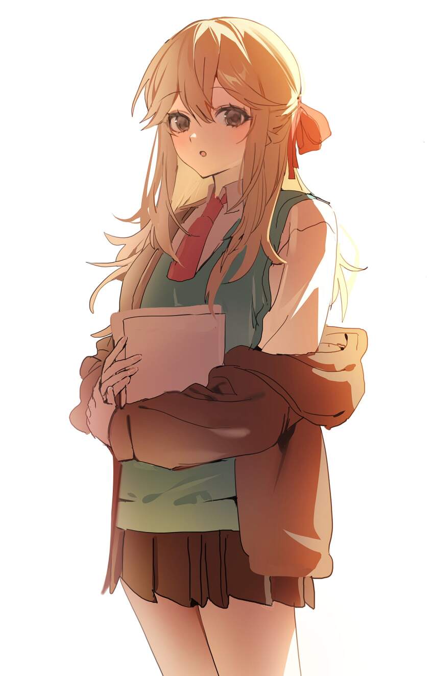 1girl absurdres blonde_hair blush brown_eyes brown_jacket brown_skirt collared_shirt hair_between_eyes hair_ribbon highres holding holding_paper jacket lee_yu-ri long_hair long_sleeves looking_at_viewer necktie open_clothes open_mouth paper pleated_skirt red_necktie red_ribbon ribbon rkgk_ymmm school_uniform shirt simple_background skirt solo sweater_vest vest white_background white_shirt zombie_high_school
