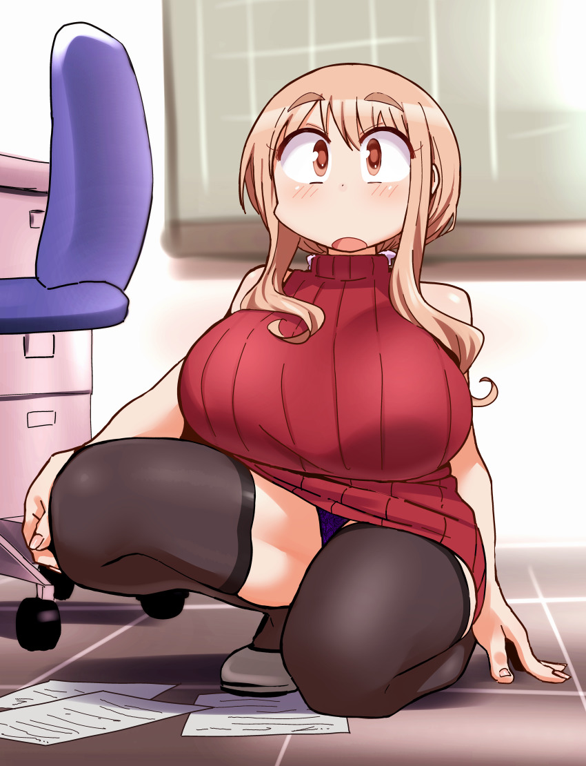 1girl :d absurdres arm_at_side bare_arms bare_shoulders black_thighhighs blush brown_hair chair chiden dot_nose hand_on_ground head_on_knee highres long_hair looking_at_viewer matsumoto_yoriko office_chair on_one_knee open_mouth orange_eyes panties paper purple_panties red_sweater shoes sidelocks sleeveless sleeveless_sweater smile solo squatting surprised sweater swivel_chair thick_thighs thighhighs thighs turtleneck turtleneck_sweater underwear upskirt yuyushiki