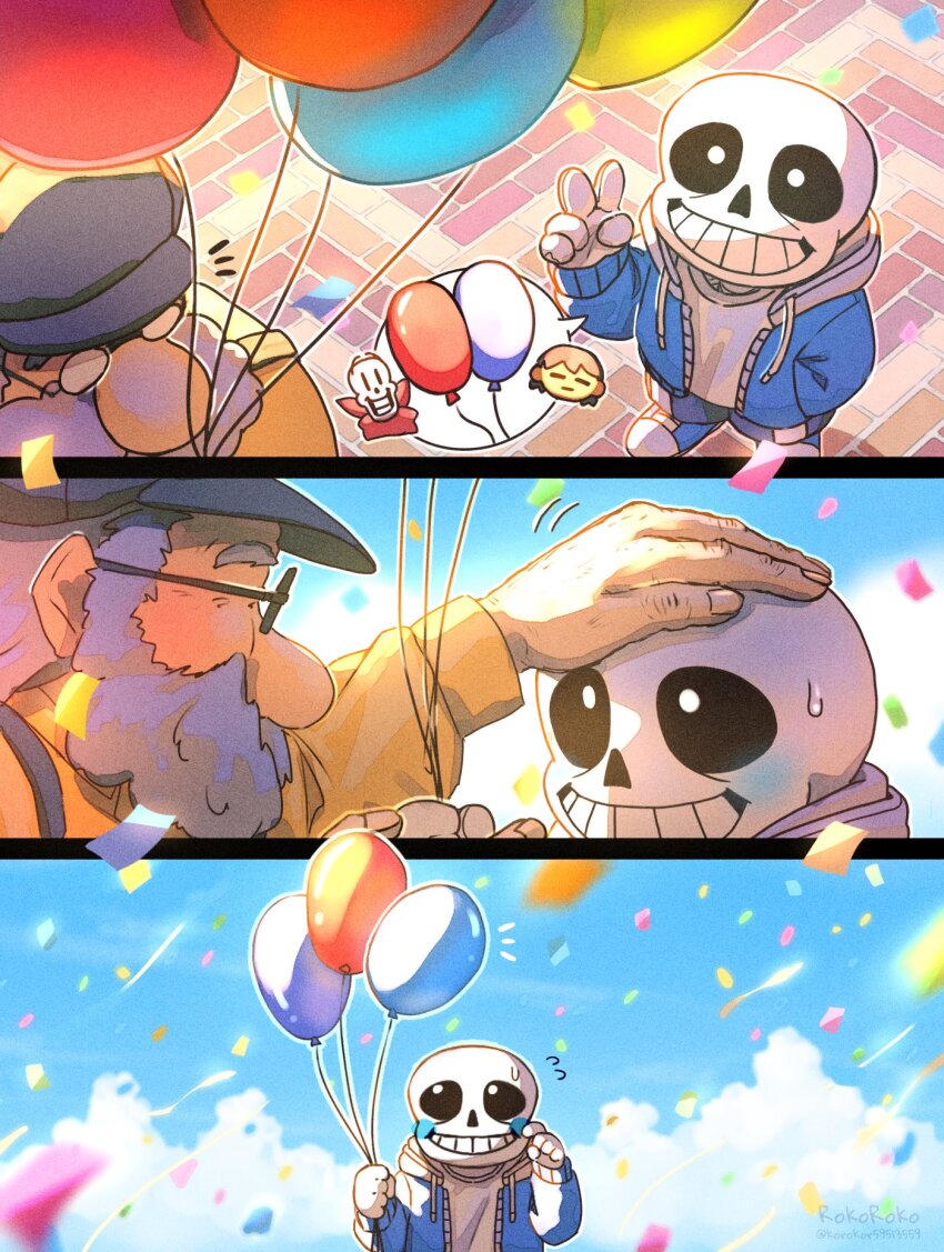 2boys artist_name balloon black_shorts blue_jacket blush brown_shirt confetti day frisk_(undertale) glasses hat headpat highres holding holding_balloon hood hood_down hooded_jacket jacket korokor59513559 male_focus multiple_boys open_clothes open_jacket outdoors papyrus_(undertale) round_eyewear sans_(undertale) shirt shorts skeleton sky teeth twitter_username undertale