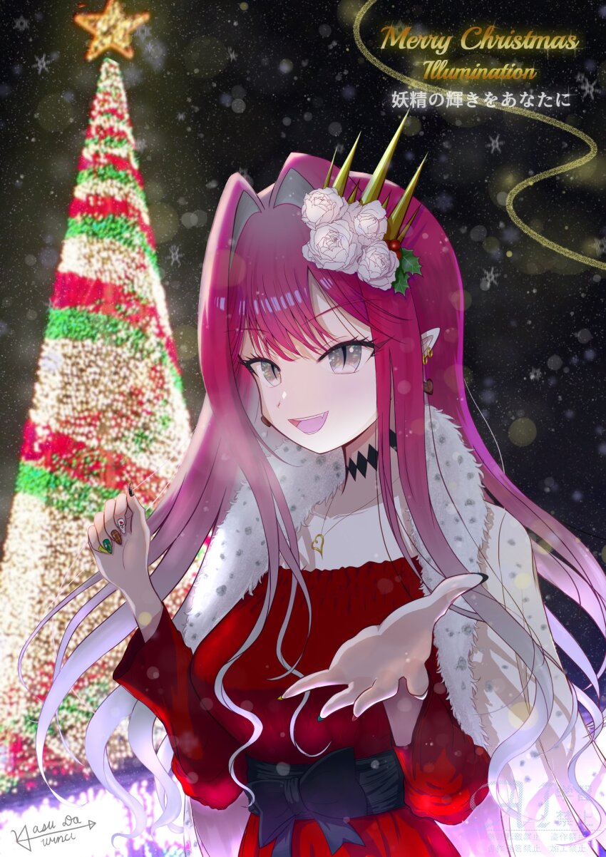 1girl baobhan_sith_(fate) breasts christmas_tree coat dress earrings fang fate/grand_order fate_(series) flower fur-trimmed_coat fur_trim grey_eyes hair_flower hair_ornament hand_up highres jewelry long_hair looking_at_viewer merry_christmas open_mouth outstretched_arm pink_hair red_dress smile solo upper_body white_coat yasu_da_winci