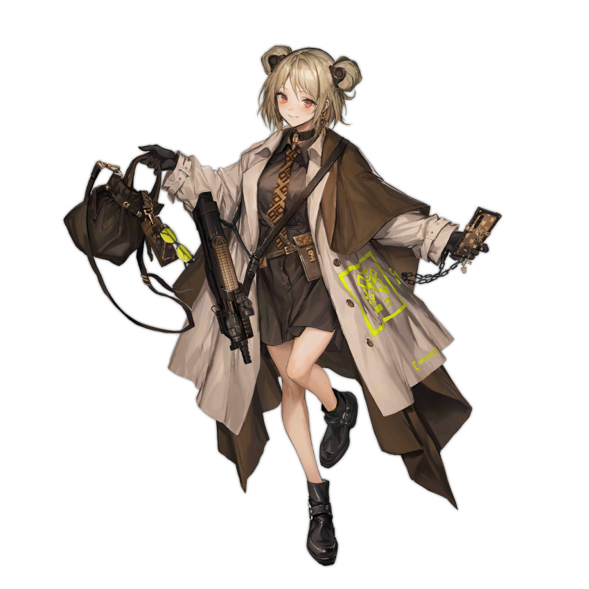 1girl ammunition armor-piercing_ammunition bag belt black_bag black_footwear black_gloves black_shirt blush breasts brown_necktie bullet bullpup cellphone chain closed_mouth coat double_bun earrings eyewear_hang unworn_eyewear fn_5.7x28mm girls&#039;_frontline gloves grey_coat gun hair_bun highres holding holding_bag holding_chain holding_phone holding_weapon horizontal_magazine jewelry light_brown_hair lm7_(op-center) looking_at_viewer medium_breasts medium_hair necktie official_alternate_costume official_art open_clothes open_coat p90 p90_(girls&#039;_frontline) p90_(the_girl_from_b.e.l)_(girls&#039;_frontline) pdw_cartridge phone red_eyes see-through_clothes shirt smartphone smile solo standing standing_on_one_leg submachine_gun supersonic_ammunition translucent transparent_background weapon