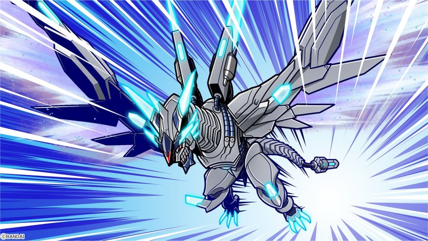 android bandai claws copyright_name digimon digimon_(creature) dragon flying mecha mechanical_wings metallicdramon official_art red_eyes robot solo tail teeth wings