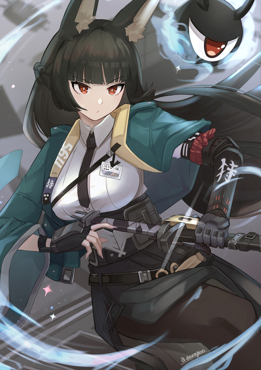 1girl animal_ears black_gloves black_hair black_necktie black_pantyhose black_skirt commentary daweykun fingerless_gloves gloves green_jacket highres holding holding_sword holding_weapon hoshimi_miyabi jacket long_hair necktie pantyhose red_eyes shirt skirt sword twitter_username weapon white_shirt zenless_zone_zero