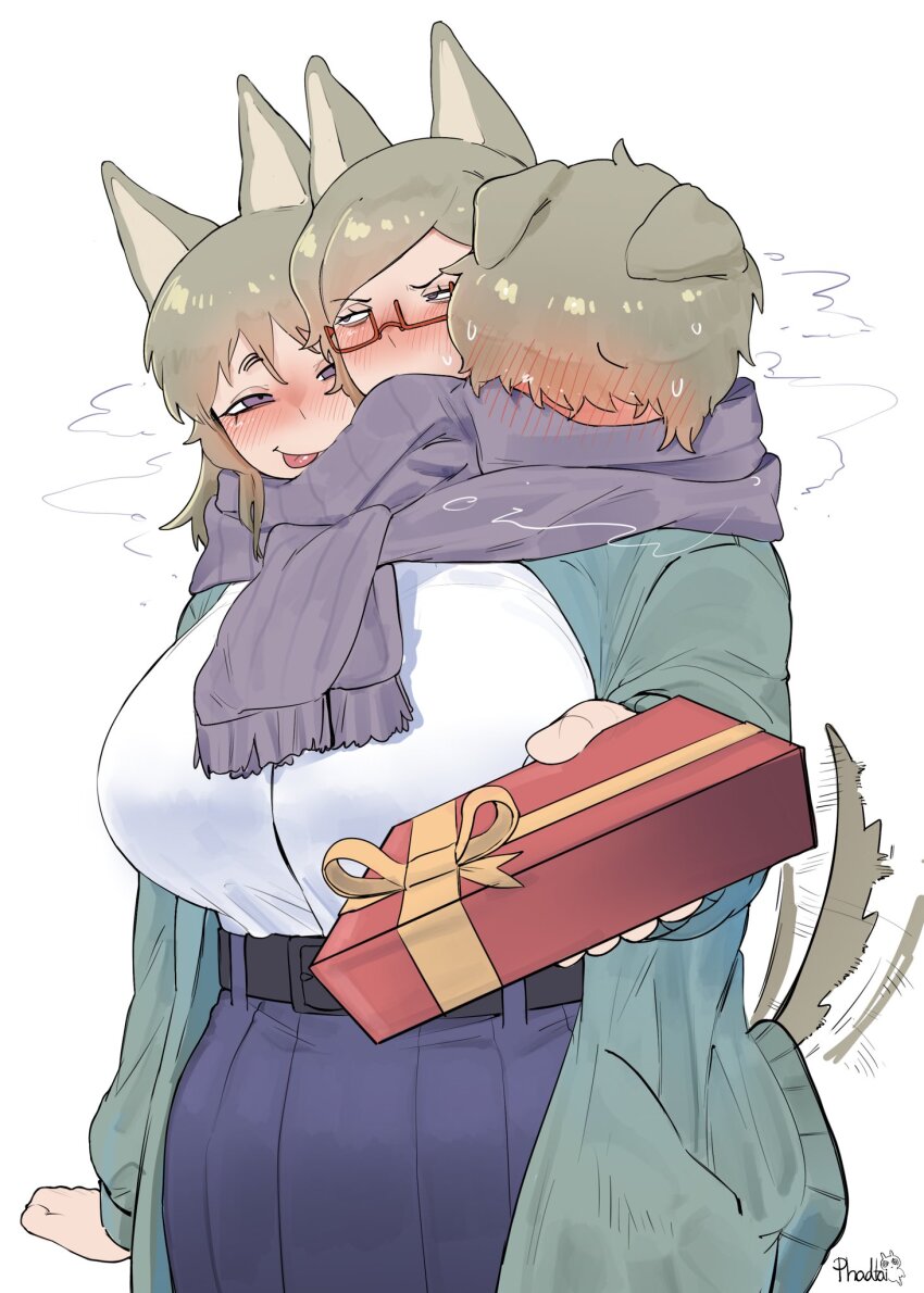 animal_ears artist_name averting_eyes blush breasts brown_hair cardigan cerberus conjoined dog_ears dog_girl dog_tail gift glasses highres holding holding_gift huge_breasts incoming_gift looking_at_viewer maikamiaka multiple_heads original personification scarf shirt signature smile steaming_body sweat tail tail_wagging tongue tongue_out white_background white_shirt