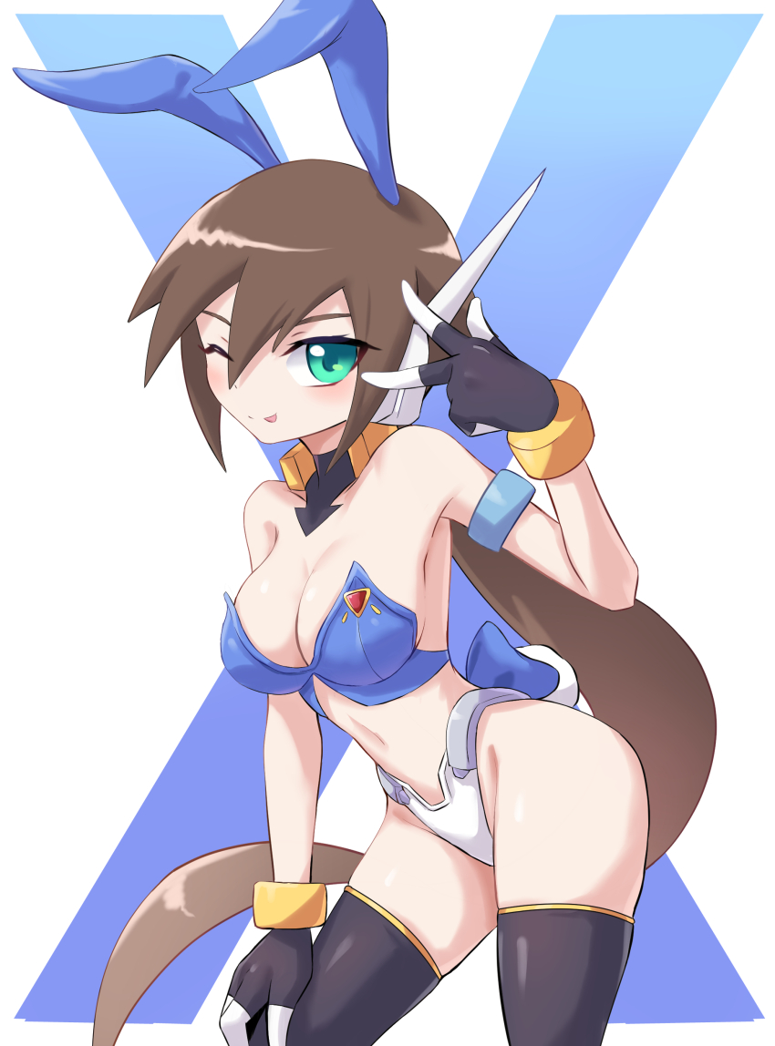 1girl absurdres aile_(mega_man_zx) animal_ears bare_shoulders black_thighhighs blue_bra blush bra breasts brown_hair cleavage green_eyes highleg highleg_panties highres large_breasts leotard long_hair looking_at_viewer mega_man_(series) mega_man_zx mega_man_zx_advent one_eye_closed panties playboy_bunny ponytail rabbit_ears rabbit_tail revealing_clothes solo tail thighhighs tongue tongue_out underwear white_panties zerokun135