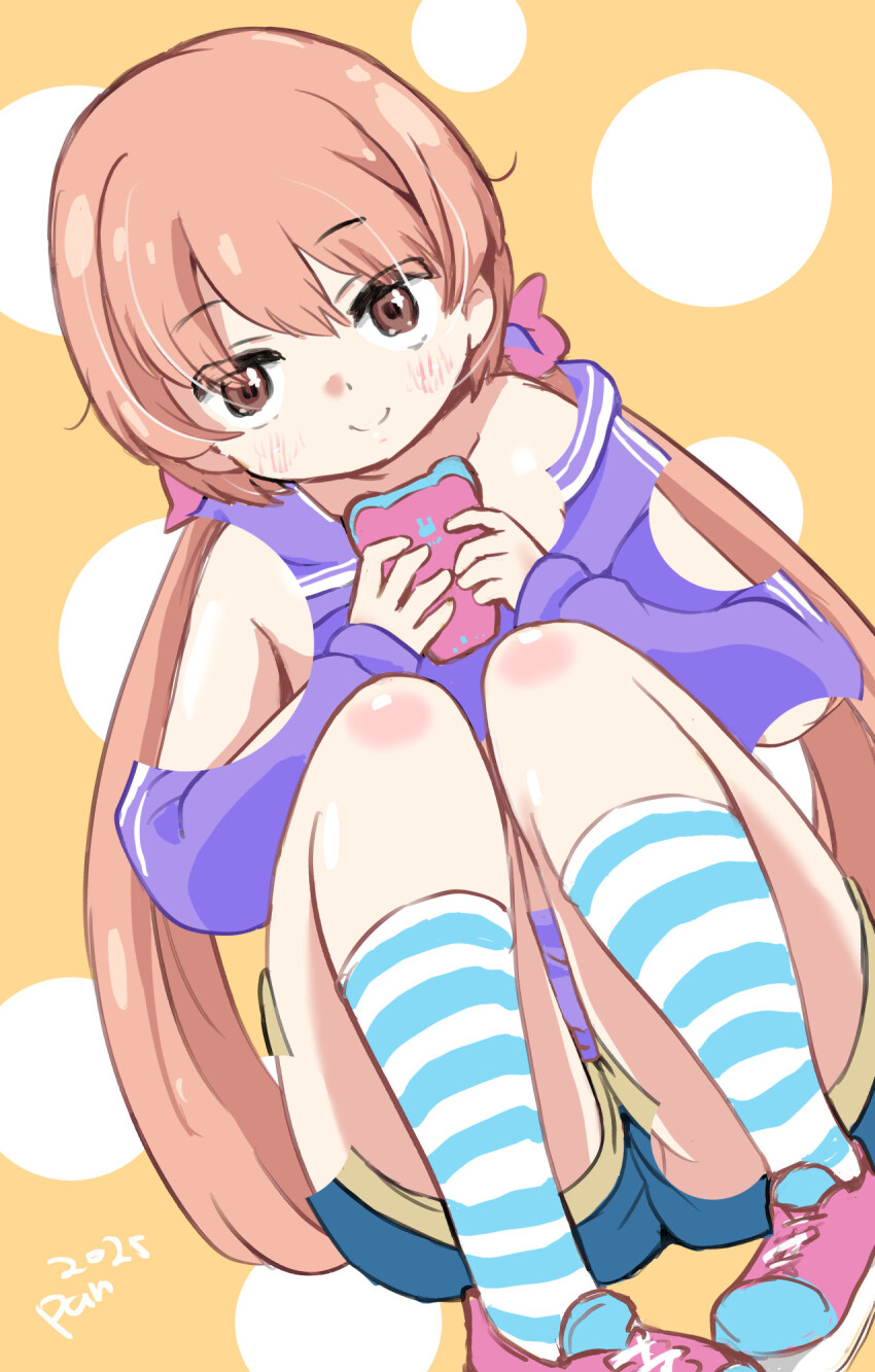 1girl 2025 20s :3 blue_shorts blush bow brown_eyes brown_hair cellphone collarbone denim denim_shorts flat_chest flower_in_eye hair_bow highres holding holding_phone hood hoodie kneehighs lemon_pan loli long_hair long_sleeves looking_at_viewer original phone pink_bow pink_shoes purple_hoodie shoes shorts sitting smartphone smile sneakers socks striped_clothes striped_socks symbol_in_eye twintails white_socks yellow_background