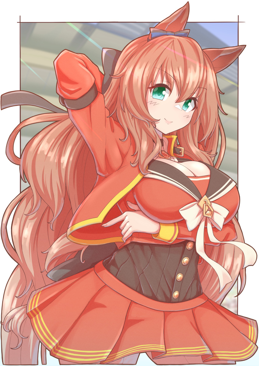 1girl absurdres animal_ears arm_under_breasts blue_eyes blush bow breasts brown_hair cleavage commentary_request ear_bow flova11 garter_straps green_eyes hair_between_eyes highres horse_ears horse_girl horse_tail large_breasts long_hair long_sleeves looking_at_viewer maruzensky_(umamusume) one_eye_closed open_mouth red_serafuku red_skirt red_thighhighs school_uniform serafuku shirt skirt smile solo tail thighhighs umamusume