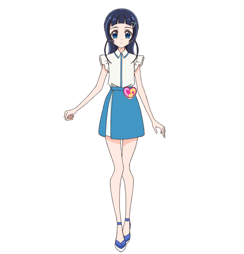 1girl aokaze_nana blue_eyes blue_hair blue_shoes blue_skirt closed_mouth collared_shirt full_body grey_shirt hair_ornament heart highres kimi_to_idol_precure long_hair looking_at_viewer musical_note official_art pink_bag precure second-party_source shirt shoes short_sleeves simple_background skirt solo standing tachi-e transparent_background x_hair_ornament