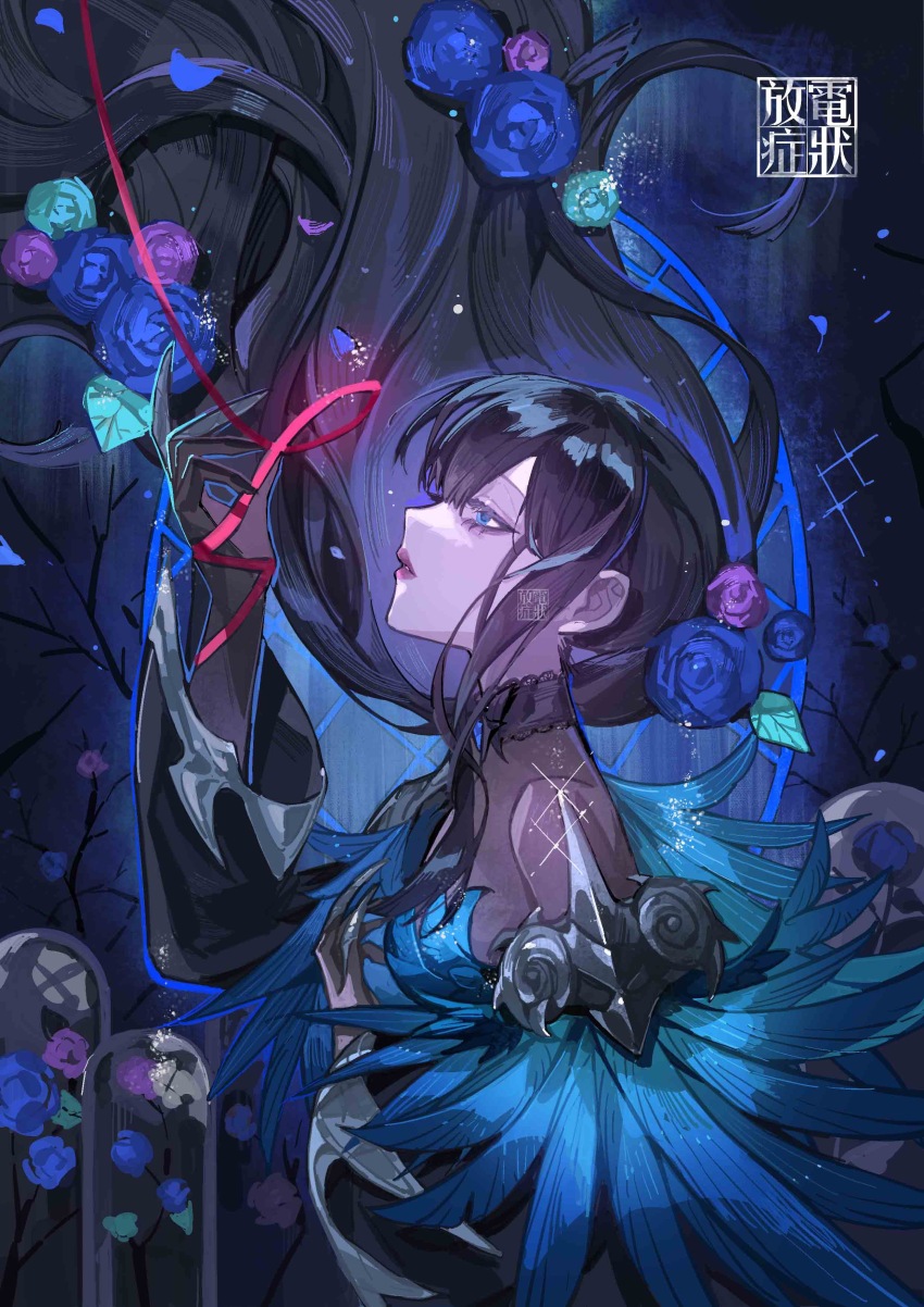 absurdres artist_name black_dress black_gloves black_hair blue_background blue_eyes blue_flower blue_rose corruption dark_persona dress feathers final_fantasy final_fantasy_xiv flower from_side gaia_(ff14) gloves hair_flower hair_ornament hand_on_own_chest highres holding holding_ribbon hyur long_hair parted_lips penzai_fengli profile ribbon rose upper_body