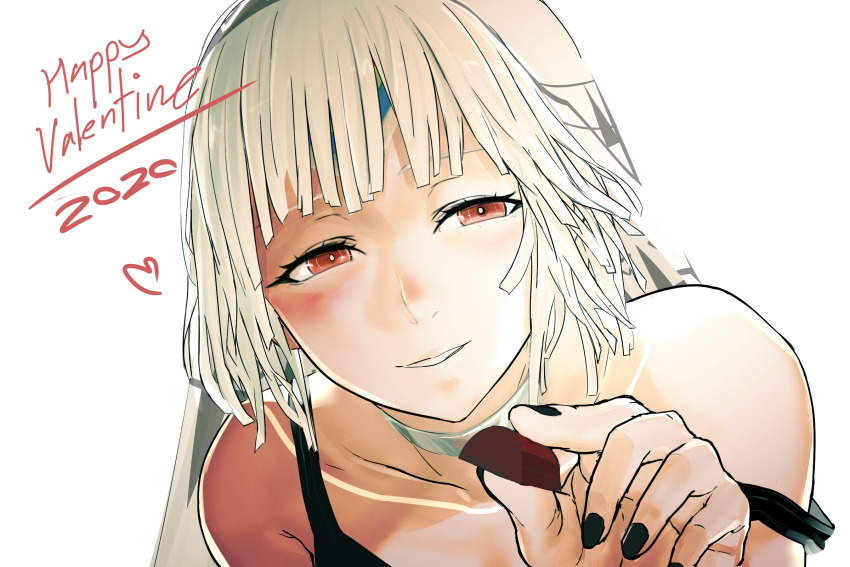 1girl altera_(fate) bare_shoulders black_nails blush chocolate dark-skinned_female dark_skin fate/grand_order fate_(series) female_focus grin highres i-pan looking_at_viewer nail_polish red_eyes short_hair smile solo tattoo valentine veil white_hair