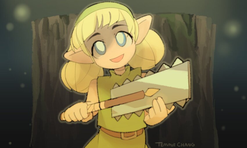1girl bare_shoulders belt blonde_hair blue_eyes chibi facing_viewer fado_(ocarina_of_time) highres holding_saw looking_at_viewer nintendo open_mouth pointing saw smile solo temmie_chang the_legend_of_zelda the_legend_of_zelda:_ocarina_of_time tree_stump tunic twintails upper_body