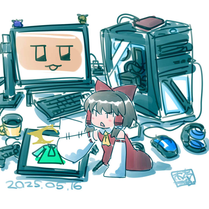 1girl black_hair bow commentary_request computer computer_keyboard computer_mouse cookie_(touhou) cup dated detached_sleeves drawing_tablet dress frilled_hair_tubes frills full_body hair_bow hair_tubes hakurei_reimu headphones highres itini-sanshi mini_person minigirl monitor mug open_mouth red_bow red_dress ribbon-trimmed_sleeves ribbon_trim sakenomi_(cookie) short_hair sidelocks simple_background solo touhou triangle_mouth v-shaped_eyes white_background white_sleeves yuuhi_(cookie)